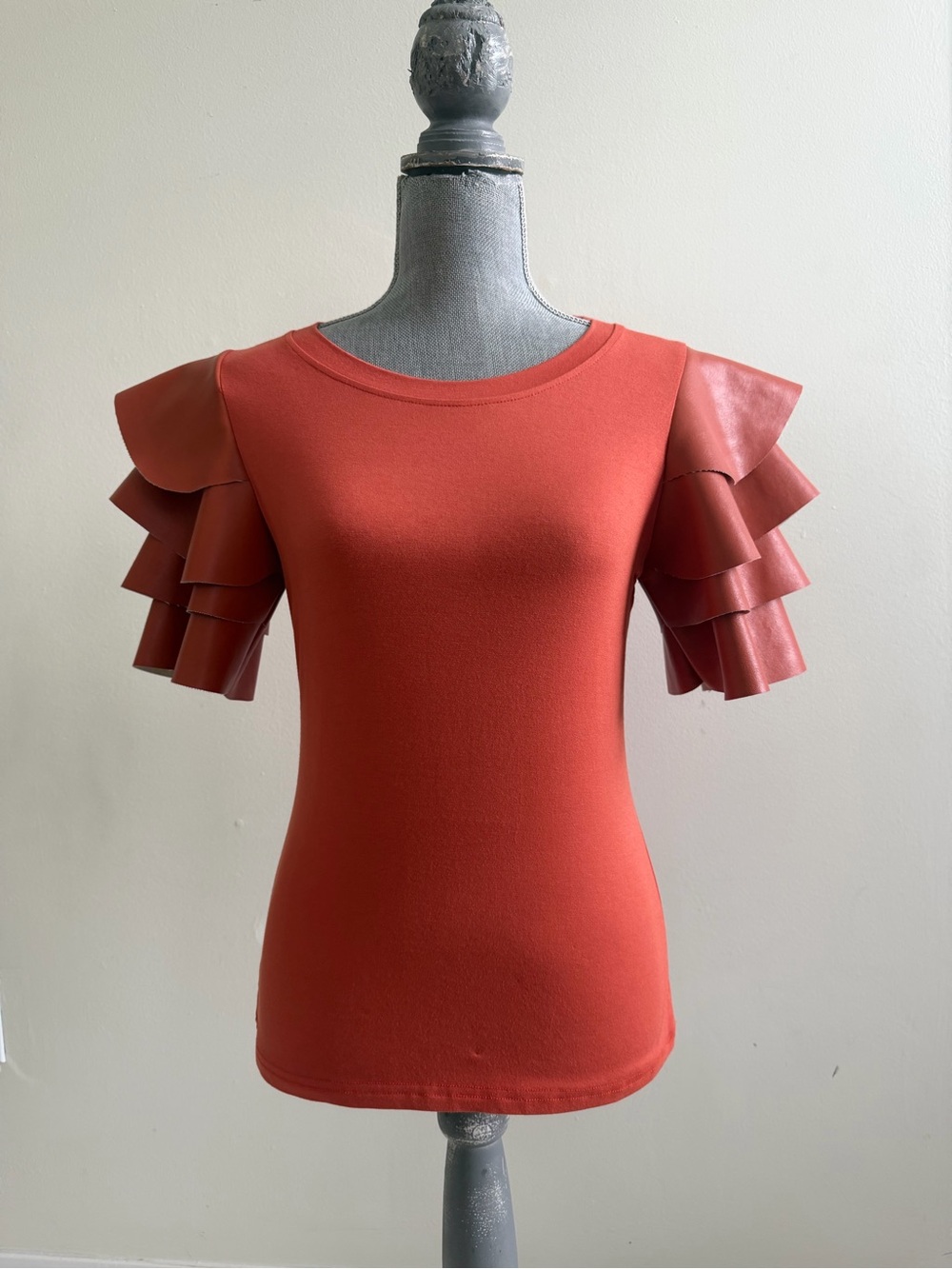 Ruffle Sleeve Crewneck Top - Rust